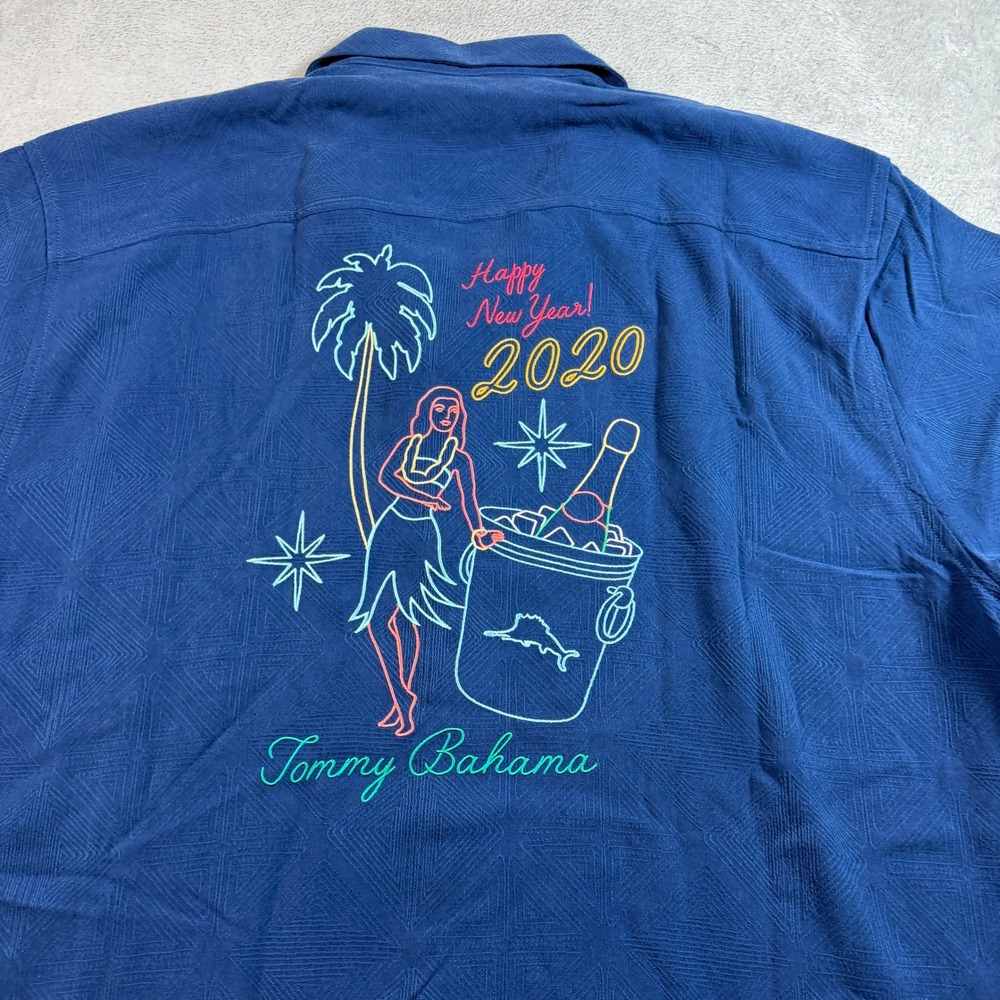 Tommy Bahama Silk Button Up Shirt Mens XL Blue New Year 2020 Embroidered NWT
